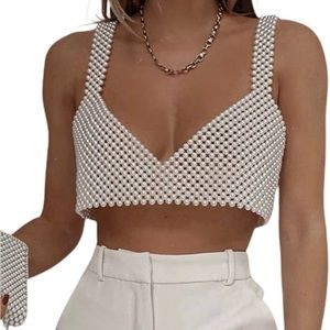 V-neck beaded pearls crop tank